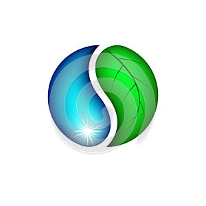 Creative globe logo, drop water and leaf plant, mockup Eco emblem, save Earth day icon