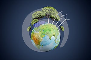 Creative globe with trees and solar panels on dark background. Energy and sustainable concept. 3D Rendering