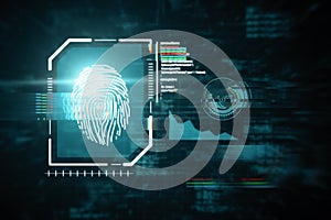 Creative glowing blue fingerprint scanner interface on dark background. Technology, information and identification concept. 3D