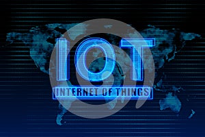 Creative glowing blue IOT background with map. Internet of things concept.