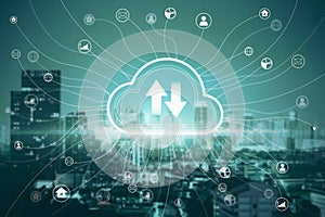 Creative glowing cloud hologram on illuminated night city background. Cloud computing and database concept.