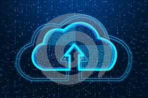 Creative glowing clouds hologram on dark binary code background. Cloud computing and database concept.