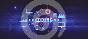 Creative glowing coding hologram on background. Information technology and business data concept. 3D Rendering