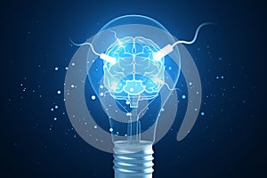 Creative glowing connected brain hologram and light bulb on blurry background. AI, mind and neurology concept. 3D Rendering