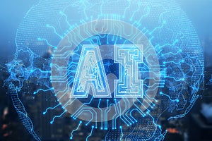 Creative glowing digital polygonal AI and globe hologram on blurry city wallpaper. Artificial intelligence, metaverse and