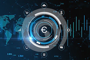 Creative glowing euro sign hologram with forex chart and map. Currency, trade and online payment concept.