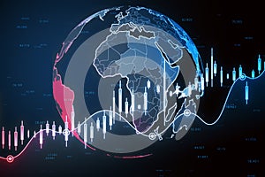 Creative glowing falling red forex chart and globe on blurry backdrop. Global economy, recession and crisis concept.