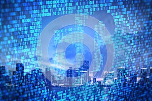 Creative glowing 5g hologram with binary code on night city backdrop. Mobile internet speed concept.