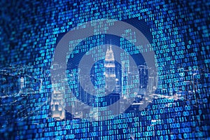 Creative glowing 5g hologram with binary code on night city background. Mobile internet speed concept.