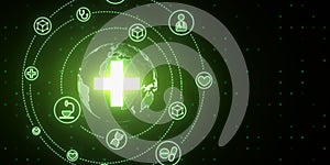 Creative glowing green medical hologram with cross and globe on dark background. Science, healthcare system and futuristic