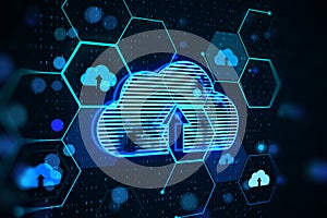 Creative glowing hexagonal cloud hologram with binary coding on blurry backdrop. Safety and cloud computing concept.