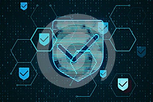 Creative glowing hexagonal shield hologram with binary coding on blurry background. Safety and internet concept.