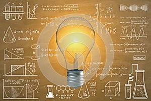 Creative glowing light bulb on chalkboard wall background with mathematical formulas. Science, idea and education background. 3D