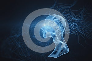 Creative glowing polygonal head and waves on  background. Artificial intelligence, science and tech concept. 3D Rendering