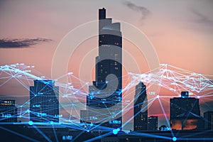 Creative glowing polygonal interface on city background. Technology, innovation and network concept. Double exposure