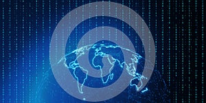 Creative glowing polygonal map on binary code background. Innovation and interactive map.