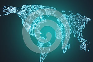 Creative glowing polygonal world map on green background