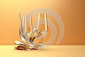 Creative golden design with festive glass of champagne, with splashes and explosion. Poster, flyer, greeting card. AI generative