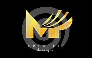 Creative golden letters MP m p logo with leading lines and road concept design. Letters with geometric design