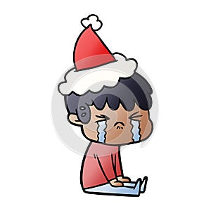 A creative gradient cartoon of a boy crying wearing santa hat