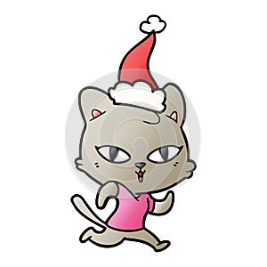 A creative gradient cartoon of a cat out for a run wearing santa hat