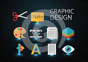 Creative graphic design icons representing tools and concepts for visual artists