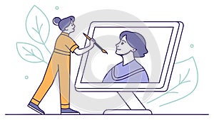 Creative Graphic Design Work: Digital Artist at Computer, vector design Generative AI