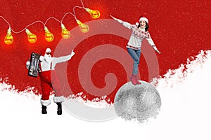 Creative graphics collage painting of funny funky santa helper dancing having x-mas fun isolated white red color