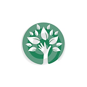 Creative green hand tree logo design. Natural products logo.