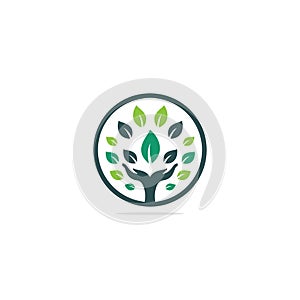 Creative green hand tree logo design template.