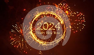 Creative Greeting card Happy New Year 2024 with fireworks