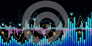 Creative growing colorful candlestick forex chart on blue grid background. Financial growth and stock concept.