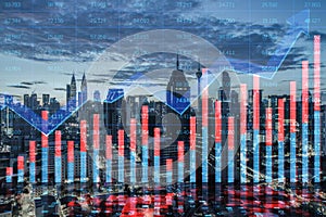 Creative growing financial forex chart with upward arrow on blurry city background. Market, stock and trading concept. Double