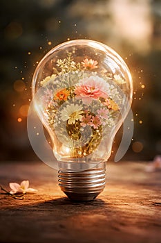 Creative Growth Concept With Flowers Blooming Inside A Glowing Light Bulb