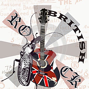Creative grunge flyer with GB flag and acoustic guitar