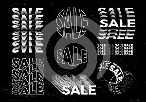 Creative Grunge Set of Typography Sale Posters. Vector Offer Modern Concept. Futuristic Advertising Illustration