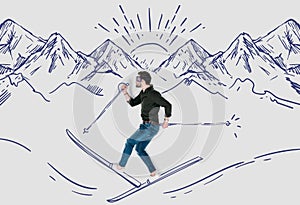 creative hand drawn collage with man skying in snowy mountains