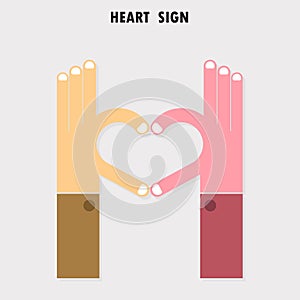 Creative hand sign and heart abstract vector logo design. Hand H