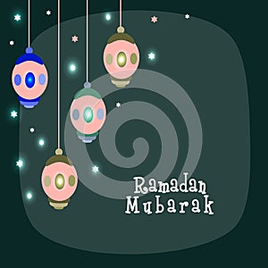 Creative hanging lanterns on shiny stars decorated green background for holy month of Muslim community, Ramadan Mubarak