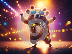 Creative happy bear in disco clothes dance. ai generative