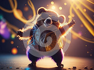 Creative happy bear in disco clothes dance. ai generative