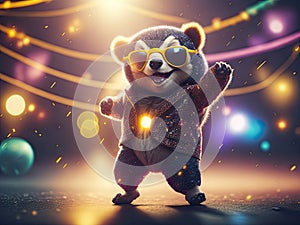 Creative happy bear in disco clothes dance. ai generative