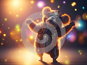 Creative happy bear in disco clothes dance. ai generative