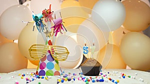 Creative happy birthday greetings with number 57, festive background with balloons for fifty-seven years, decorations