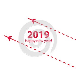 Creative happy new year 2019 design with airplane is in a dotted line. The flying apartment is black. The waypoint is