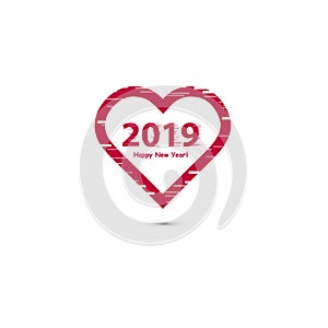 Creative happy new year 2019 design with line art heart icon. Flat design with shadow. Outline.