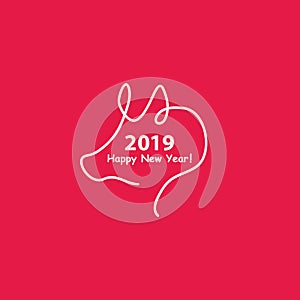 Creative happy new year 2019 design with one line design silhouette of pig. Minimalistic style vector illustration. Flat