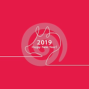 Creative happy new year 2019 design with one line design silhouette of pig. Minimalistic style vector illustration. Flat