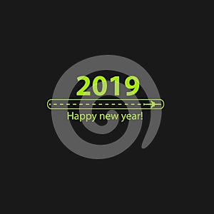 Creative happy new year 2019 design with Progress loading bar with airplane is in a dotted line. The flying apartment is