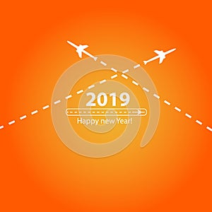 Creative happy new year 2019 design with Progress loading bar with airplane is in a dotted line. The flying apartment is